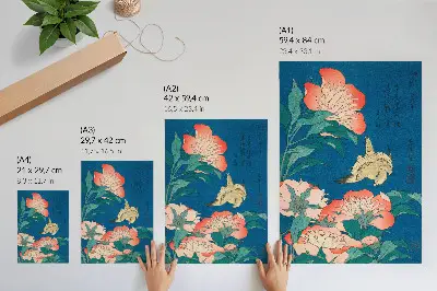 Poszter Katsushiki Hokusai 1834-es Pünkösdi rózsák és egy kanári című vintage fametszete