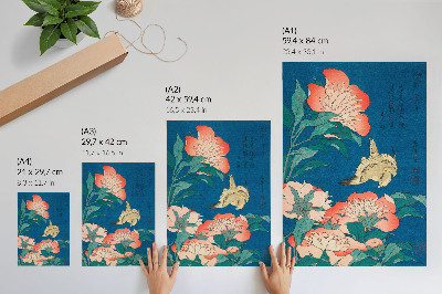 Poszter Katsushiki Hokusai (1834) pünkösdi rózsák és egy kanári – vintage fametszet