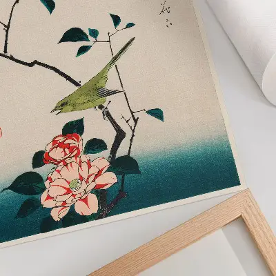 Kamelia és fülemüle illusztráció poszter Utagawa Hiroshige alkotása (1797-1858)