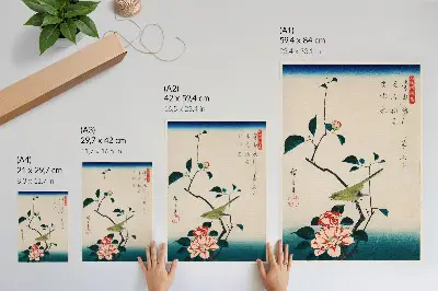 Kamelia és fülemüle illusztráció poszter Utagawa Hiroshige alkotása (1797-1858)