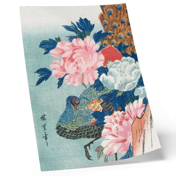 Retro plakát páva és pünkösdi rózsák Utagawa Hiroshige vintage japán fametszetével