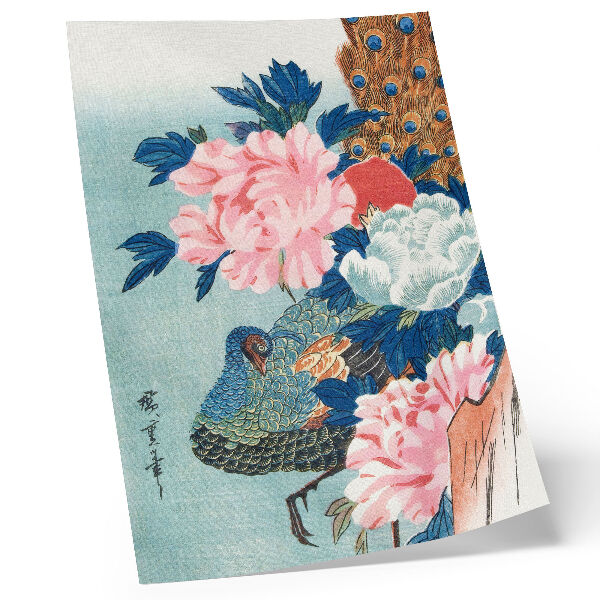 Retro plakát Páva és pünkösdi rózsák, vintage japán fametszet, Utagawa Hiroshige alkotása