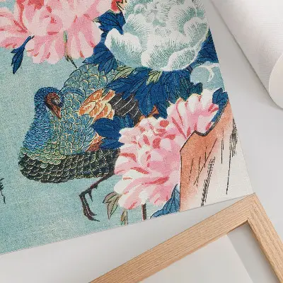 Retro plakát páva és pünkösdi rózsák Utagawa Hiroshige vintage japán fametszetével