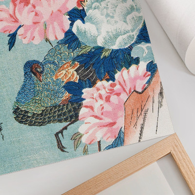 Retro plakát Páva és pünkösdi rózsák, vintage japán fametszet, Utagawa Hiroshige alkotása