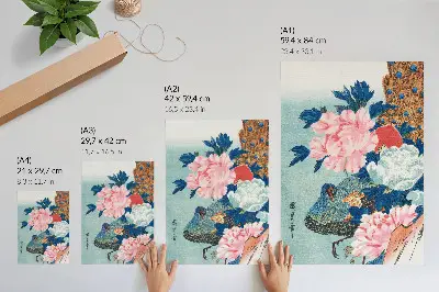 Retro plakát páva és pünkösdi rózsák Utagawa Hiroshige vintage japán fametszetével