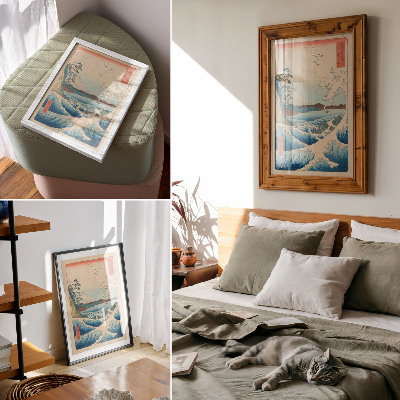 Retro plakát Egy nagyszerű hullám a surugai Satta Beachen, Utagawa Kuniyos Harminchat kilátása Fujira (Fuji Sanjuroku Kei) sorozatából
