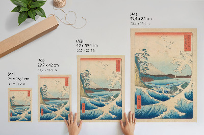 Retro plakát Egy nagyszerű hullám a surugai Satta Beachen, Utagawa Kuniyos Harminchat kilátása Fujira (Fuji Sanjuroku Kei) sorozatából