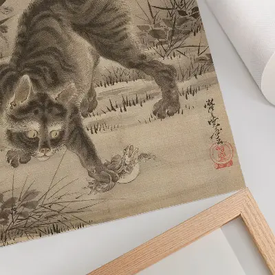 Kawanabe Kyosai: Macska békát fog retro plakát