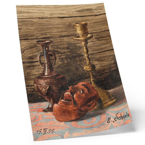 Poszter nyomtatás Csendélet gyertyatartóval, vázával és maszkkal, Egon Schiele