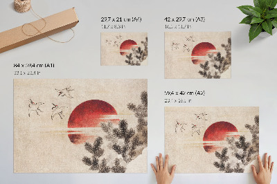 Poszter Katsushika Hokusai Madarak és naplemente című festménye a Vázlatok albumból (1814), vintage japán fametszet