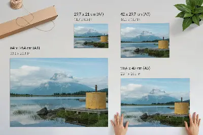 Poszter nyomtatás hegyek, tó, felhők és híd mintával