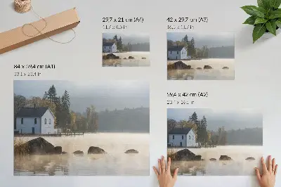 Vintage poszter ködös táj tóparti házikóval és fákkal őszi hangulatban
