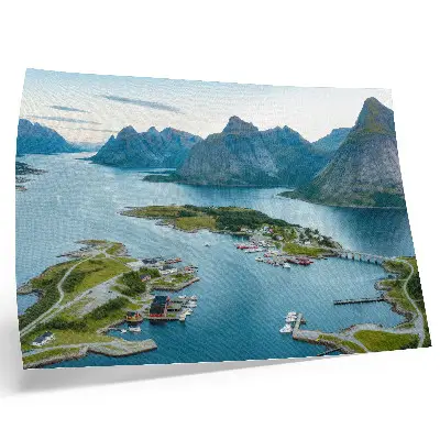 Vintage poszter fjordok, hegyek, város, béke és harmónia motívummal