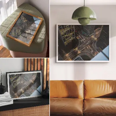 Vintage poszter városi panoráma éjszakai fényekkel és modern részletekkel