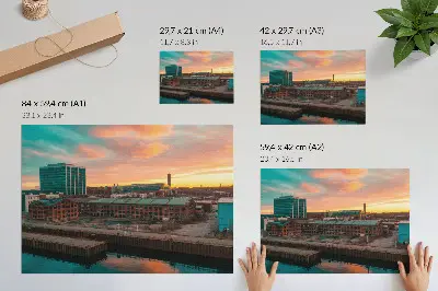 Poszter ipari épületek naplemente békés hangulattal