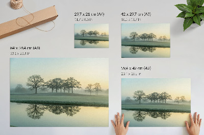 Poszter nyomtatás Nyugodt vízfelület, fák tükröződése, puha köd