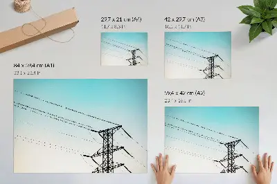 Poszter madarak a távvezetékeken, kék égen mintával