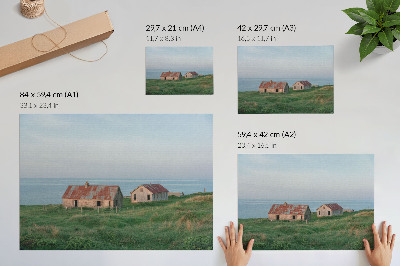 Vintage poszter Rusztikus épületek zöld rétek tenger