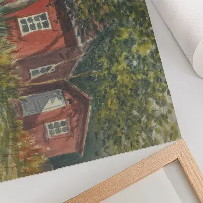 Vintage poszter faház, fák, buja zöld, idilli tájkép