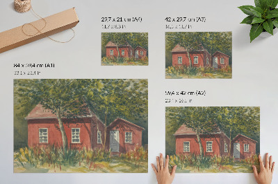Vintage poszter Faház, fák, buja zöld, idilli