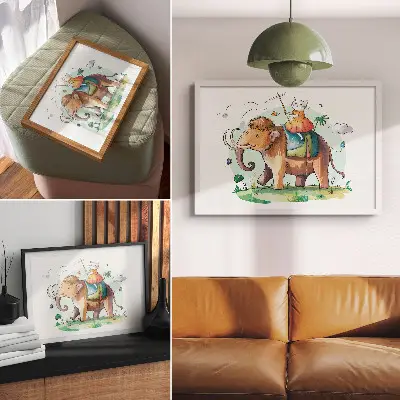 Poszter macska és mamut fantázia témájú természet varázslat illusztráció