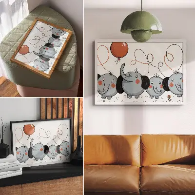 Vintage poszter elefántok lufikkal, tisztaság, móka és öröm témával