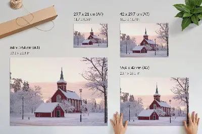 Poszter nyomtatás vörös kápolna havas fák között, pasztell égbolttal