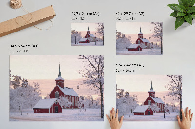 Poszter nyomtatás Vörös kápolna tél havas fák pasztell égbolt