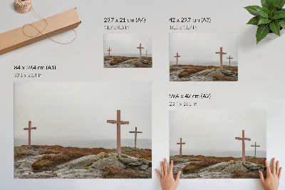 Vintage poszter Három fakereszt ködös domb természet