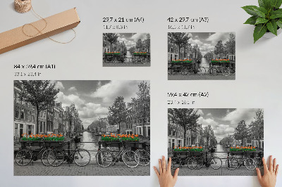 Poszter Bájos kilátás a csatornára, kerékpárokra, tulipánokra, fekete és narancssárga színekre