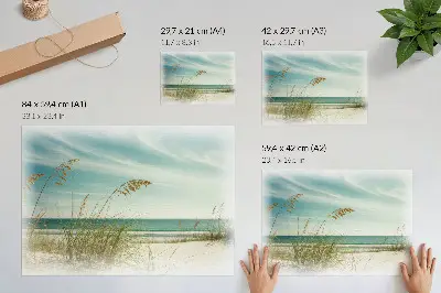 Vintage poszter strand, fű, óceán és égbolt mintával