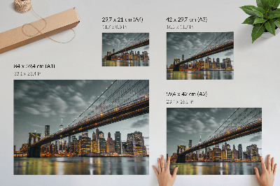 Vintage poszter Panoráma az esti város hídjára, fények a vízre