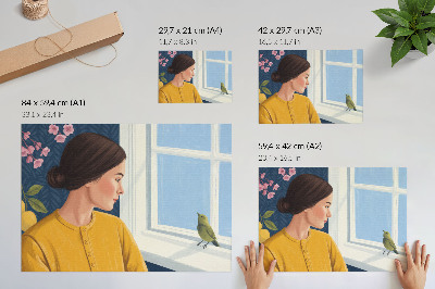 Vintage poszter Sárga inges nő egy madárral az ablakpárkányon