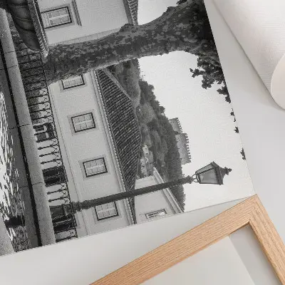 Poszter nyomtatás fekete-fehér szökőkút és klasszikus épületek vár