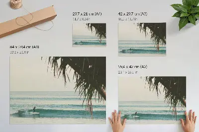 Poszter strand, szörfözés, hullámok és pálmafák mintával