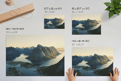 Poszter Fjordok, hegyek, víz, naplemente, a természet harmóniája