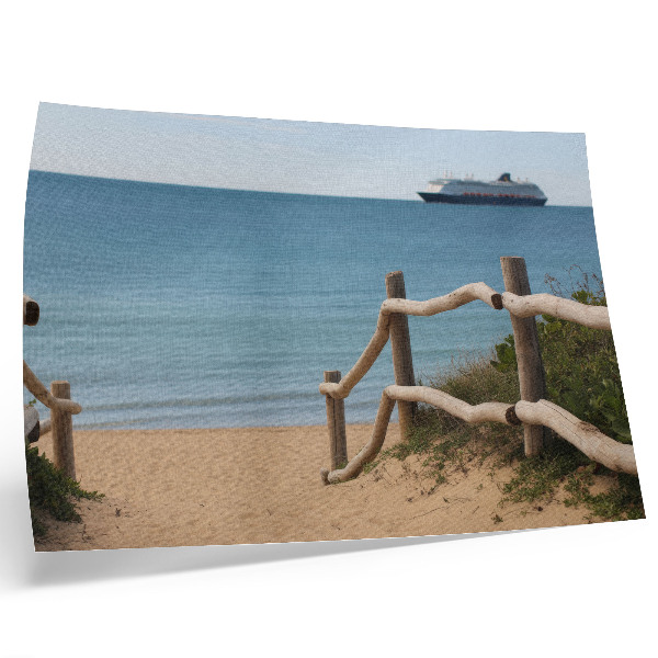 Poszter Strand hajó tenger fa korlát homok
