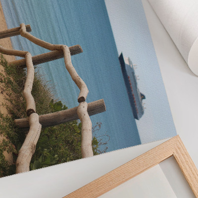 Poszter Strand hajó tenger fa korlát homok