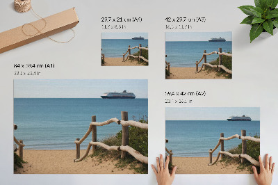 Poszter Strand hajó tenger fa korlát homok