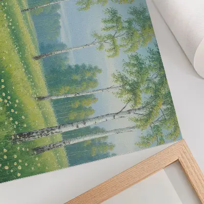 Vintage poszter fenséges nyírfák zöld réti virágokkal
