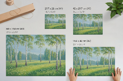 Vintage poszter Fenséges nyírfák zöld réti virágok