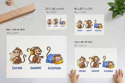 Poszter vicces illusztrációk majomról evés, játék és alvás közben