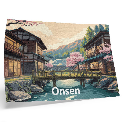 Poszter nyomtatás Japán építészettel és cseresznyefákkal díszített táj
