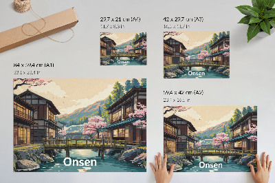 Poszter nyomtatás Japán építészettel és cseresznyefákkal díszített táj
