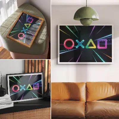 Neon geometriai alakzatok mozgásban vintage poszter