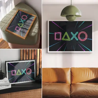 Poszter nyomtatás neon formák dinamikus színekkel futurisztikus stílusban