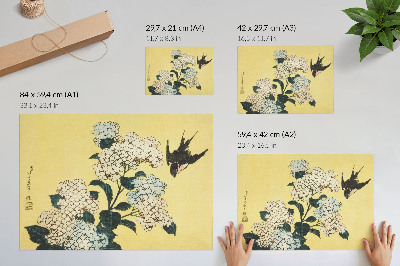 Poszter nyomtatás Hortenzia és a fecske (1833) – Hokusai színes fametszete