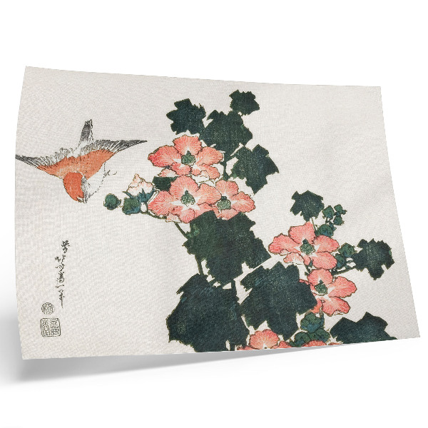 Poszter Vörös rózsák és egy madár, Katsushiki Hokusai (1760–1849) alkotása, vintage japán fametszet