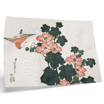 Poszter Vörös rózsák és egy madár, Katsushiki Hokusai (1760–1849) alkotása, vintage japán fametszet