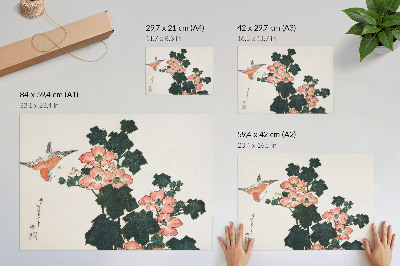 Poszter Vörös rózsák és egy madár, Katsushiki Hokusai (1760–1849) alkotása, vintage japán fametszet